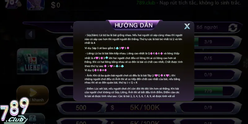 Luật tính thắng thua bài Liêng 789Club