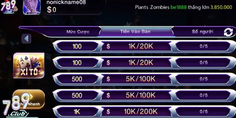 Ván Xì tố 789Club tối đa có 5 người chơi